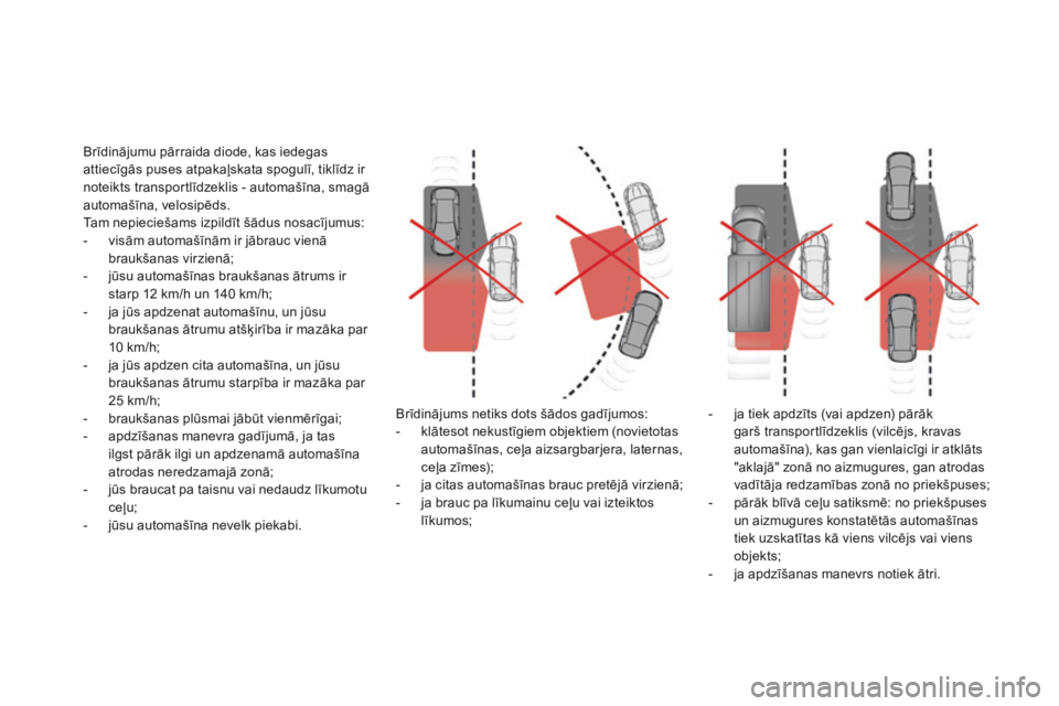 CITROEN DS5 2016  Lietošanas Instrukcija (in Latvian) DS5_lv_Chap04_conduite_ed02-2015
Brīdinājumu pārraida diode, kas iedegas 
attiecīgās puses atpakaļskata spogulī, tiklīdz ir 
noteikts transportlīdzeklis - automašīna, smagā 
automašīna, 