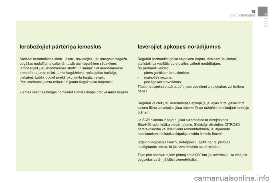 CITROEN DS5 2016 Lietošanas Instrukcija (in Latvian) 15
DS5_lv_Chap00c_eco-conduite_ed02-2015
ierobežojiet pārtēriņa iemeslus
Sadaliet automašīnas slodzi, piem., novietojiet jūsu smagāko bagāžu
bagāžas nodalījuma dziļumā, tuvāk aizmugur CITROEN DS5 2016 Lietošanas Instrukcija (in Latvian) 15
DS5_lv_Chap00c_eco-conduite_ed02-2015
ierobežojiet pārtēriņa iemeslus
Sadaliet automašīnas slodzi, piem., novietojiet jūsu smagāko bagāžu
bagāžas nodalījuma dziļumā, tuvāk aizmugur