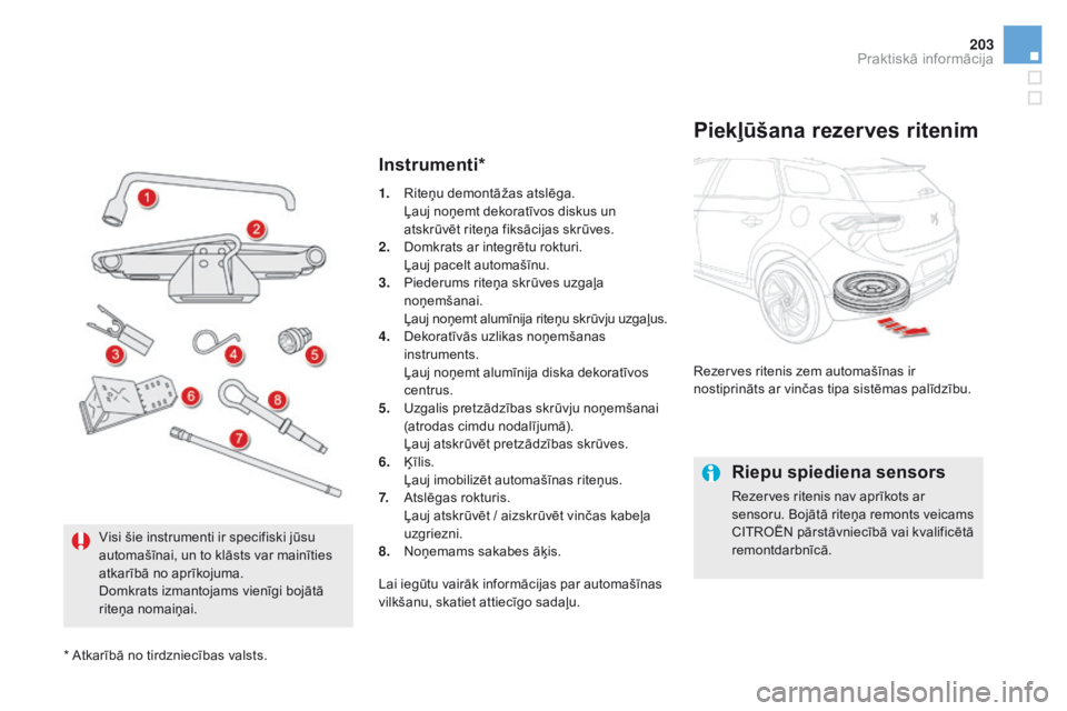 CITROEN DS5 2016 Lietošanas Instrukcija (in Latvian) 203
DS5_lv_Chap08_info-pratiques_ed02-2015
instrumenti*
Piekļūšana rezerves ritenim
Rezerves ritenis zem automašīnas ir
nostiprināts ar vinčas tipa sistēmas palīdzību.
Riepu spiediena senso CITROEN DS5 2016 Lietošanas Instrukcija (in Latvian) 203
DS5_lv_Chap08_info-pratiques_ed02-2015
instrumenti*
Piekļūšana rezerves ritenim
Rezerves ritenis zem automašīnas ir
nostiprināts ar vinčas tipa sistēmas palīdzību.
Riepu spiediena senso