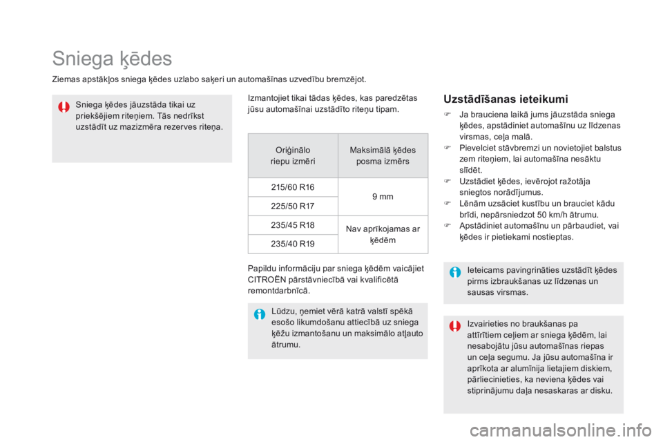 CITROEN DS5 2016  Lietošanas Instrukcija (in Latvian) DS5_lv_Chap08_info-pratiques_ed02-2015
Sniega ķēdes
Ziemas apstākļos sniega ķēdes uzlabo saķeri un automašīnas uzvedību bremzējot.Sniega ķēdes jāuzstāda tikai uz 
priekšējiem riteņie