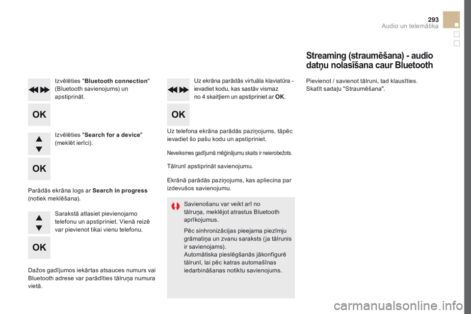 CITROEN DS5 2016 Lietošanas Instrukcija (in Latvian) 293
DS5_lv_Chap11d_RD5_ed02-2015
Savienošanu var veikt arī no
tālruņa, meklējot atrastus Bluetooth
aprīkojumus.
Pēc sinhronizācijas pieejama piezīmju
grāmatiņa un zvanu saraksts ( ja tā CITROEN DS5 2016 Lietošanas Instrukcija (in Latvian) 293
DS5_lv_Chap11d_RD5_ed02-2015
Savienošanu var veikt arī no
tālruņa, meklējot atrastus Bluetooth
aprīkojumus.
Pēc sinhronizācijas pieejama piezīmju
grāmatiņa un zvanu saraksts ( ja tā