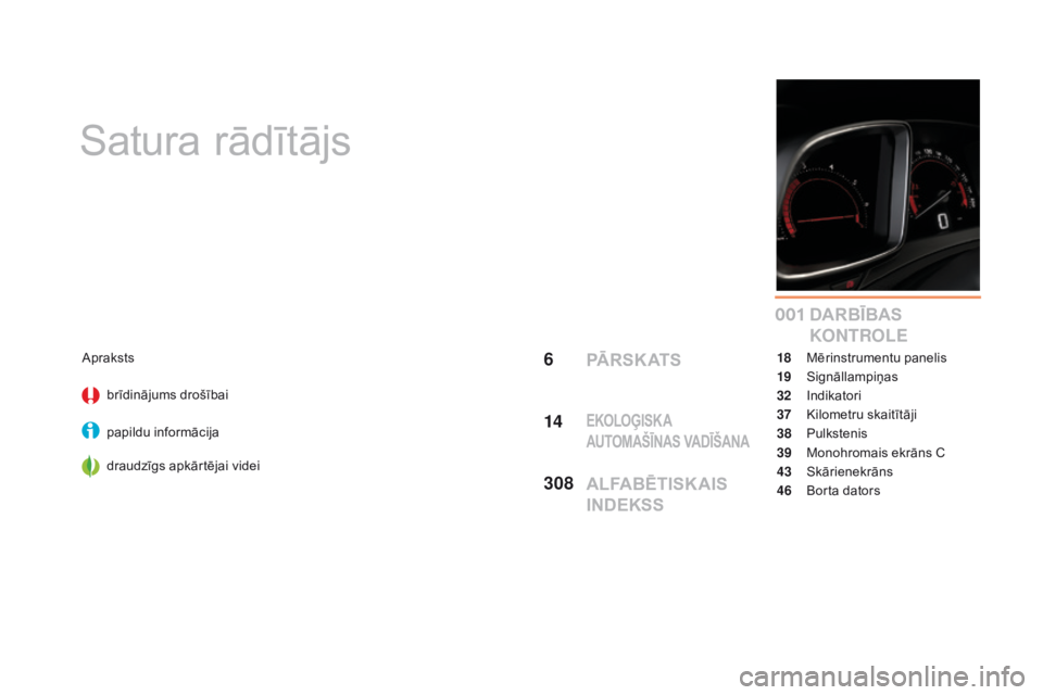 CITROEN DS5 2016  Lietošanas Instrukcija (in Latvian) 0 01
DS5_lv_Chap00a_sommaire_ed02-2015
Satura rādītājs
DARBĪBAS 
KONTROLE
Aprakstsbrīdinājums drošībai
papildu informācija
draudzīgs apkārtējai videi 18 Mē
rinstrumentu panelis
19
 Si

gn