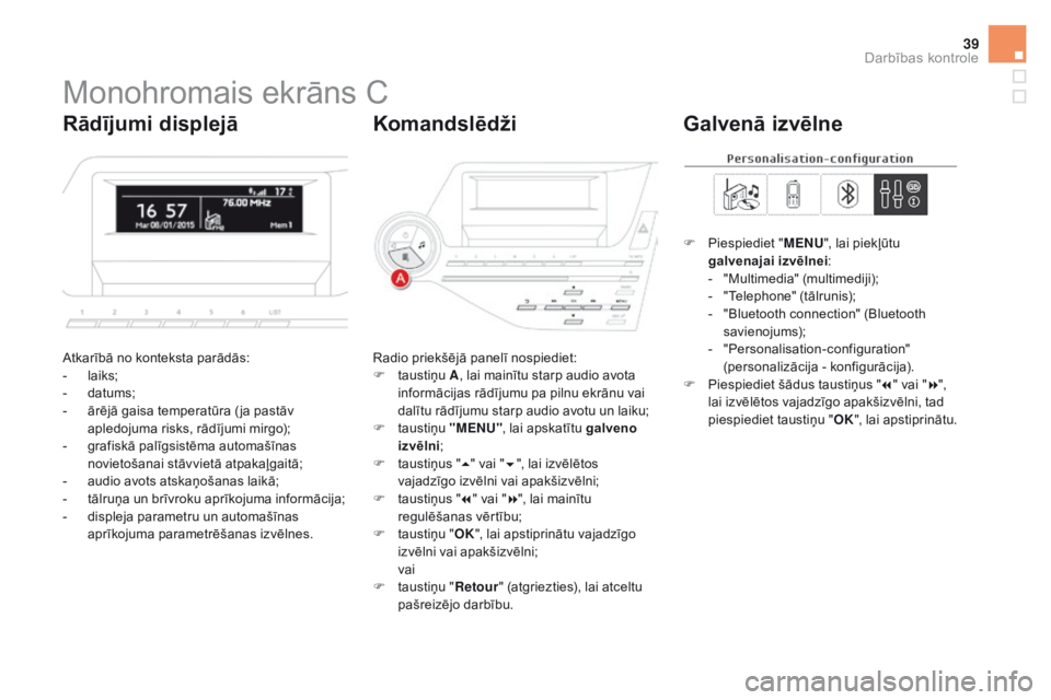 CITROEN DS5 2016 Lietošanas Instrukcija (in Latvian) 39
Monohromais ekrāns C
Atkarībā no konteksta parādās:
- laiks;
-
da
tums;
-
ār
ējā gaisa temperatūra ( ja pastāv
apledojuma risks, rādījumi mirgo);
-
gr
afiskā palīgsistēma auto CITROEN DS5 2016 Lietošanas Instrukcija (in Latvian) 39
Monohromais ekrāns C
Atkarībā no konteksta parādās:
- laiks;
-
da
tums;
-
ār
ējā gaisa temperatūra ( ja pastāv
apledojuma risks, rādījumi mirgo);
-
gr
afiskā palīgsistēma auto