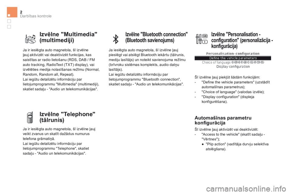 CITROEN DS5 2016  Lietošanas Instrukcija (in Latvian) 2Darbības kontrole
DS5_ Additif_lv_Chap01_controle-de-marche_ed03-2015
 Ja ir ieslēgta auto magnetola, šī izvēlne ļauj aktivizēt vai deaktivizēt funkcijas, kas saistītas ar radio lietošanu (