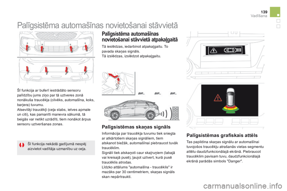 CITROEN DS5 2015  Lietošanas Instrukcija (in Latvian) 139
DS5_lv_Chap04_conduite_ed01-2015
Šī funkcija ar buferī iestrādāto sensoru 
palīdzību jums ziņo par tā uztveres zonā 
nonākuša traucēkļa (cilvēks, automašīna, koks, 
barjera) tuvum