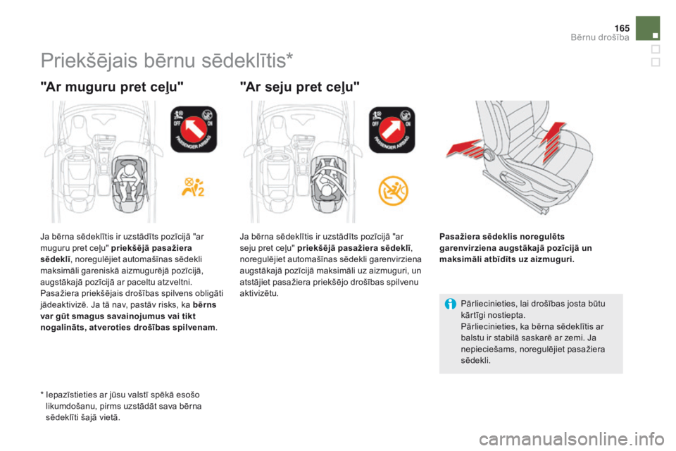 CITROEN DS5 2015  Lietošanas Instrukcija (in Latvian) 165
DS5_lv_Chap06_securite-enfants_ed01-2015
Priekšējais bērnu sēdeklītis*
"Ar muguru pret ceļu" "Ar seju pret ceļu"
Pārliecinieties, lai drošības josta būtu 
kārtīgi nost