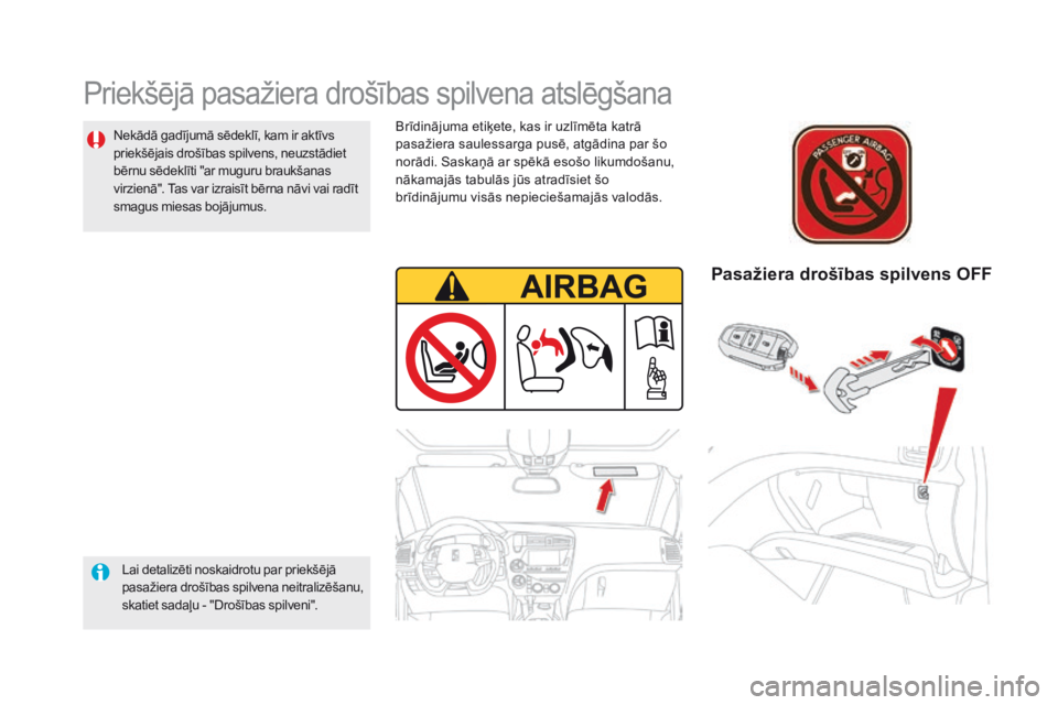 CITROEN DS5 2015  Lietošanas Instrukcija (in Latvian) DS5_lv_Chap06_securite-enfants_ed01-2015
Priekšējā pasažiera drošības spilvena atslēgšana
Lai detalizēti noskaidrotu par priekšējā 
pasažiera drošības spilvena neitralizēšanu, 
skatie