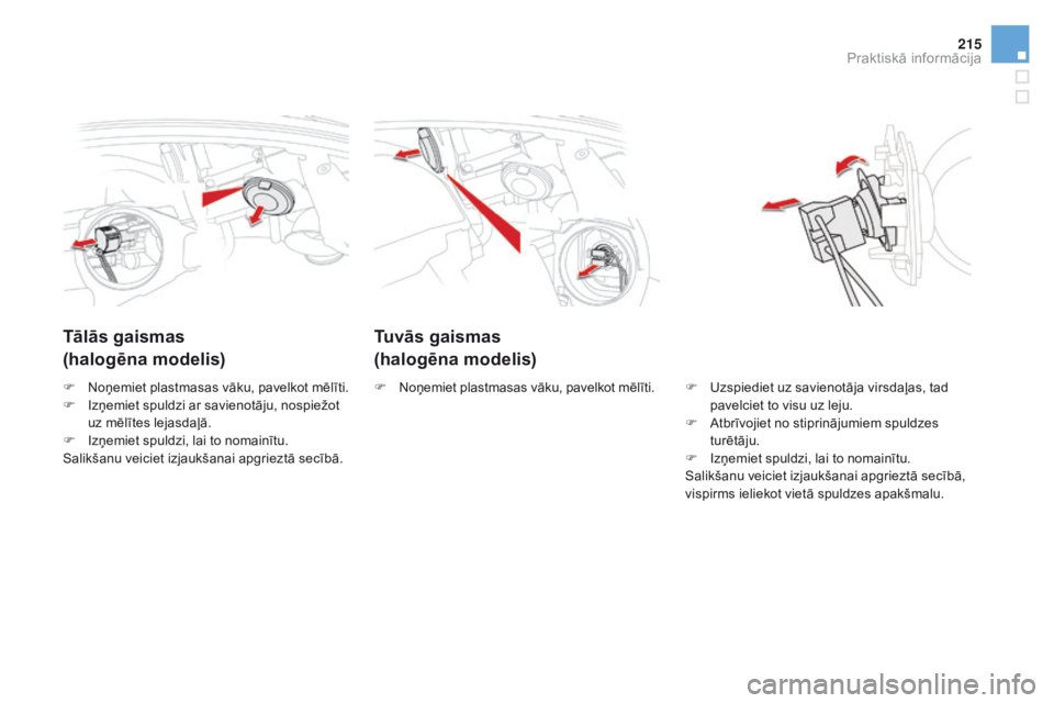 CITROEN DS5 2015  Lietošanas Instrukcija (in Latvian) 215
DS5_lv_Chap08_info-pratiques_ed01-2015
tuvās gaismas
(halogēna modelis)tā
lās gaismas
(halogēna modelis)
F Uzspiediet uz savienotāja virsdaļas, tad 
pavelciet to visu uz leju.
F
 
A
 tbrīv
