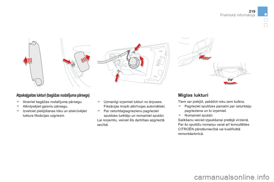 CITROEN DS5 2015  Lietošanas Instrukcija (in Latvian) 219
DS5_lv_Chap08_info-pratiques_ed01-2015
Atpakaļgaitas lukturi (bagāžas nodalījuma pārsegs)
F Uzmanīgi izņemiet lukturi no ārpuses. Fiksācijas knipši atbrīvojas automātiski.
F
 
P
 ar ce