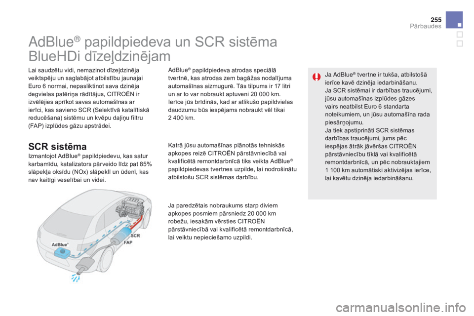 CITROEN DS5 2015  Lietošanas Instrukcija (in Latvian) 255
DS5_lv_Chap09_verifications_ed01-2015
AdBlue® papildpiedeva un SCR sistēma
BlueHDi dīzeļdzinējam
Lai saudzētu vidi, nemazinot dīzeļdzinēja 
veiktspēju un saglabājot atbilstību jaunajai