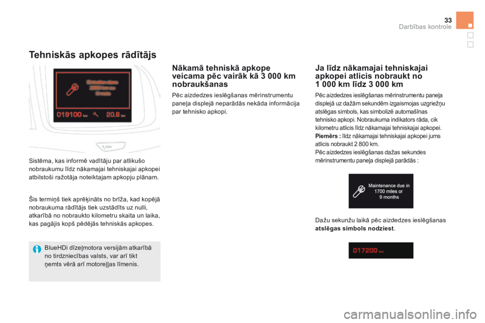 CITROEN DS5 2015  Lietošanas Instrukcija (in Latvian) 33
DS5_lv_Chap01_controle-de-marche_ed01-2015
tehniskās apkopes rādītājs
nākamā tehniskā apkope 
veicama pēc vairāk kā 3 000 km 
nobraukšanas
Pēc aizdedzes ieslēgšanas mērinstrumentu 
p