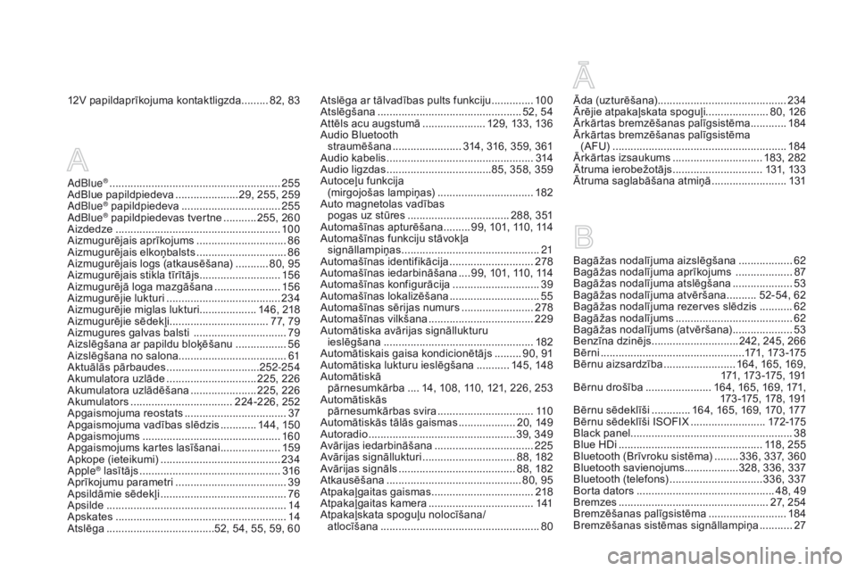 CITROEN DS5 2015  Lietošanas Instrukcija (in Latvian) DS5_lv_Chap12_index-recherche_ed01-2015
12V papildaprīkojuma kontaktligzda......... 82, 83
AdBlue
® ............................... ..........................255
AdBlue papildpiedeva ...............