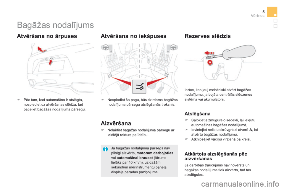 CITROEN DS5 2015  Lietošanas Instrukcija (in Latvian) 5Vēr tnes
DS5_ Additif_lv_Chap02_ouvertures_ed03-2015
         B a g ā ž a s   n o d a l ī j u m s  
   Pēc tam, kad automašīna ir atslēgta, nospiediet uz atvēršanas slēdža, tad pacelie