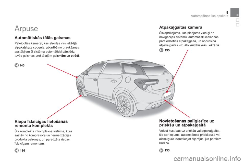 CITROEN DS5 2013  Lietošanas Instrukcija (in Latvian) Automašīnas īss apskats
 
 
Automātiskās tālās gaismas 
 
Pateicoties kamerai, kas atrodas virs iekšēj—
atpakaļskata spoguļa, atkarībā no braukšanas
apstākļiem šī sistēma automā