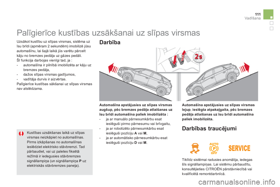 CITROEN DS5 2013  Lietošanas Instrukcija (in Latvian) 111Vadīšana
 
 
 
 
 
 
Palīgierīce kustības uzsākšanai uz slīpas virsmas 
 Uzsākot kustību uz slīpas virsmas, sistēma uzīsu brīdi (apmēram 2 sekundēm) imobilizē jūsu
automašīnu, l