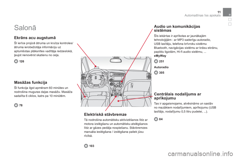 CITROEN DS5 2013  Lietošanas Instrukcija (in Latvian) 11Automašīnas īss apskats
 
Salonā 
 
 
 
Ekrāns acu augstumā
 
Šī ierīce projicē ātruma un kruīza kontroles/
ātruma ierobežotāja informāciju uz 
aptumšotas plāksnītes vadītāja re