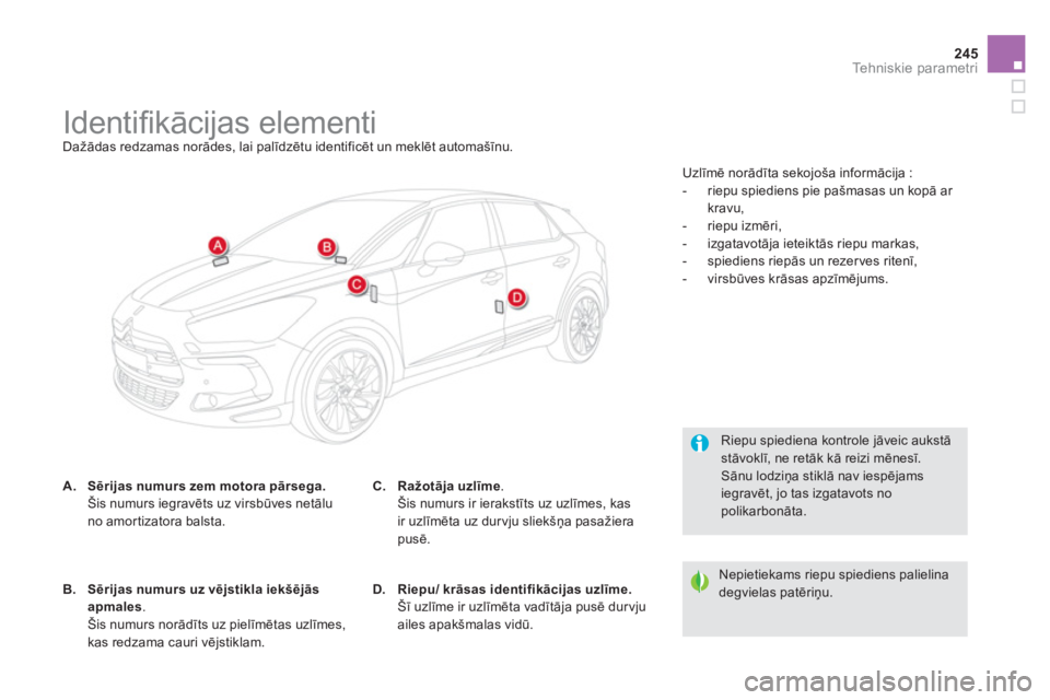 CITROEN DS5 2013 Lietošanas Instrukcija (in Latvian) 245
Tehniskie parametri
Identifi kācijas elementi
Dažādas redzamas norādes, lai palīdzētu identificēt un meklēt automašīnu.
A.Sērijas nu CITROEN DS5 2013 Lietošanas Instrukcija (in Latvian) 245
Tehniskie parametri
Identifi kācijas elementi
Dažādas redzamas norādes, lai palīdzētu identificēt un meklēt automašīnu.
A.Sērijas nu