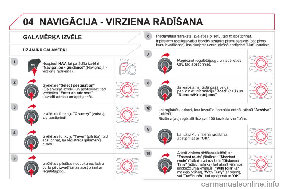 CITROEN DS5 2013  Lietošanas Instrukcija (in Latvian) 04
   
Nospiest  NAV 
, lai parādītu izvēlni
" Navigation - guidance 
" (Navigācija - 
virziena rādīšana).    
UZ JAUNU GALAMĒRĶI
NAVIGĀCIJA - VIRZIENA RĀDĪŠANA 
 
 
 
 
 
 
 
 
 
 
 
 
 