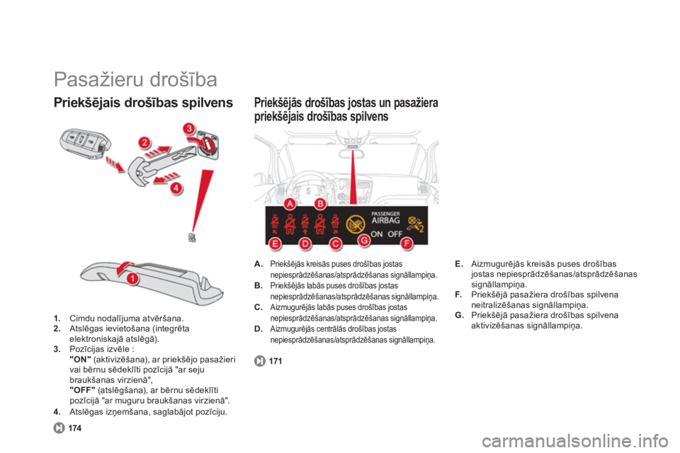 CITROEN DS5 2012  Lietošanas Instrukcija (in Latvian)   Pasažieru drošība 
1. 
 Cimdu nodalījuma atvēršana. 2. 
 Atslēgas ievietošana (integrēta 
elektroniskajā atslēg—). 3.Pozīcijas izvēle :  
 "ON" 
 (aktivizēšana), ar priekšējo pas