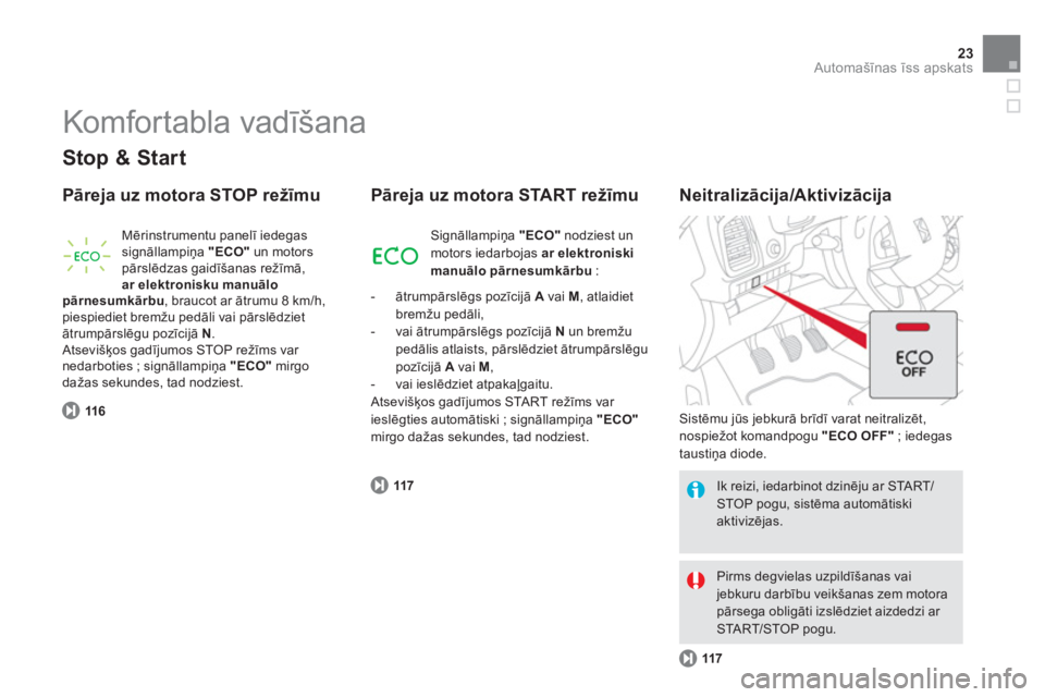 CITROEN DS5 2012  Lietošanas Instrukcija (in Latvian) 23Automašīnas īss apskats
 
Komfortabla vadīšana 
 
 
Stop & Start
 
 
Pāreja uz motora STOP režīmu
116
Mērinstrumentu panelī iedegas 
signāllampiņa  "ECO"un motorspārslēdzas gaidīšana