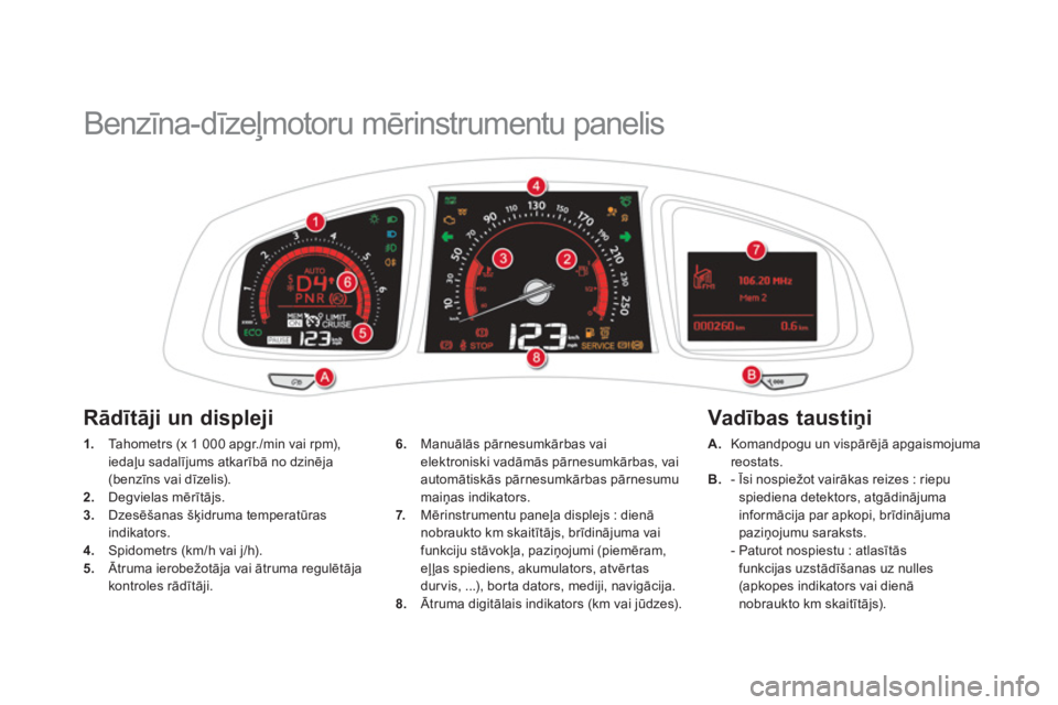 CITROEN DS5 2012  Lietošanas Instrukcija (in Latvian)    
 
 
 
 
Benzīna-dīzeļmotoru mērinstrumentu panelis 
1. 
 Ta h o m e t r s  (x 1 000 apgr./min vai rpm),iedaļu sadalījums atkarībā no dzinēja
(benzīns vai dīzelis). 2. 
 Degvielas mērī