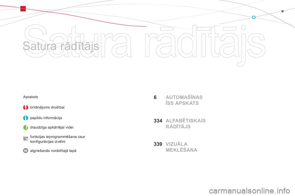 CITROEN DS5 2012  Lietošanas Instrukcija (in Latvian)   Satura rādītājs 
   
Satura rādītājs  
6  AUTOMAŠĪNAS 
ĪSS APSKATS
33
4  ALFABĒTISKAIS 
RĀDĪTĀJS
339  VIZUĀLA 
MEKLĒŠANA
 Apraksts
brīdinājums dro
šībai  
papildu in
formācija
d