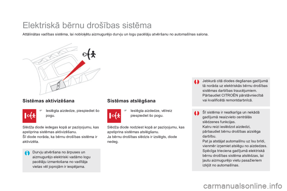 CITROEN DS5 HYBRID 2016 Lietošanas Instrukcija (in Latvian) DS5_lv_Chap06_securite-enfants_ed02-2015
Elektriskā bērnu drošības sistēma
Attālinātas vadības sistēma, lai nobloķētu aizmugurējo durvju un logu pacēlāju atvēršanu no automašīnas sal CITROEN DS5 HYBRID 2016 Lietošanas Instrukcija (in Latvian) DS5_lv_Chap06_securite-enfants_ed02-2015
Elektriskā bērnu drošības sistēma
Attālinātas vadības sistēma, lai nobloķētu aizmugurējo durvju un logu pacēlāju atvēršanu no automašīnas sal