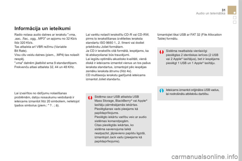 CITROEN DS5 HYBRID 2016 Lietošanas Instrukcija (in Latvian) 31 Audio un telemātika
Radio nolasa audio datnes ar ierakstu ".vma,
.aac, .flac, .ogg, .MP3" un apjomu no 32 Kb/s
līdz 320 Kb/s.
Tas atbalsta arī VBR režīmu (Variable
Bit Rate).
Vi CITROEN DS5 HYBRID 2016 Lietošanas Instrukcija (in Latvian) 31 Audio un telemātika
Radio nolasa audio datnes ar ierakstu ".vma,
.aac, .flac, .ogg, .MP3" un apjomu no 32 Kb/s
līdz 320 Kb/s.
Tas atbalsta arī VBR režīmu (Variable
Bit Rate).
Vi