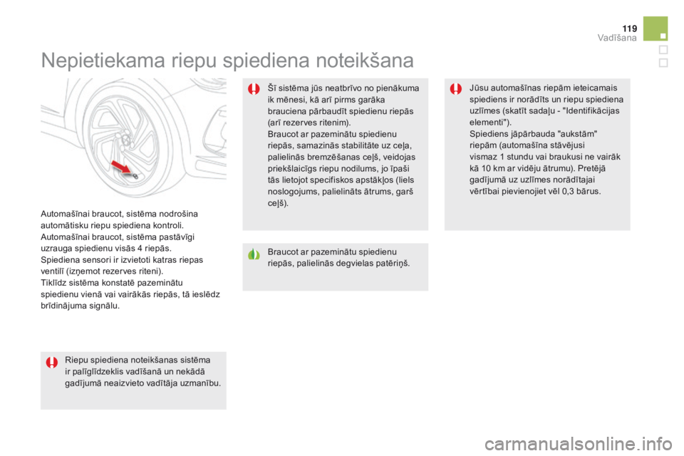 CITROEN DS5 HYBRID 2015 Lietošanas Instrukcija (in Latvian) 11 9
DS5_lv_Chap04_conduite_ed01-2015
Nepietiekama riepu spiediena noteikšana
Automašīnai braucot, sistēma nodrošina
automātisku riepu spiediena kontroli.
Automašīnai braucot, sistēma pastā CITROEN DS5 HYBRID 2015 Lietošanas Instrukcija (in Latvian) 11 9
DS5_lv_Chap04_conduite_ed01-2015
Nepietiekama riepu spiediena noteikšana
Automašīnai braucot, sistēma nodrošina
automātisku riepu spiediena kontroli.
Automašīnai braucot, sistēma pastā