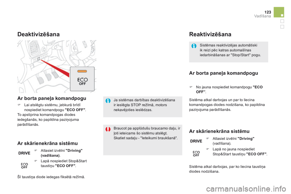 CITROEN DS5 HYBRID 2015 Lietošanas Instrukcija (in Latvian) 123
DS5_lv_Chap04_conduite_ed01-2015
Sistēmas reaktivizējas automātiski
ik reizi pēc katras automašīnas
iedarbināšanas ar "Stop/Start" pogu.
Reaktivizēšana
Ar skārienekrāna sist CITROEN DS5 HYBRID 2015 Lietošanas Instrukcija (in Latvian) 123
DS5_lv_Chap04_conduite_ed01-2015
Sistēmas reaktivizējas automātiski
ik reizi pēc katras automašīnas
iedarbināšanas ar "Stop/Start" pogu.
Reaktivizēšana
Ar skārienekrāna sist