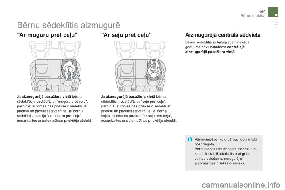 CITROEN DS5 HYBRID 2015  Lietošanas Instrukcija (in Latvian) 169
DS5_lv_Chap06_securite-enfants_ed01-2015
Bērnu sēdeklītis aizmugurē
"Ar muguru pret ceļu"
Ja aizmugurējā pasažiera vietā bērnu 
sēdeklītis ir uzstādīts ar "muguru pret ce