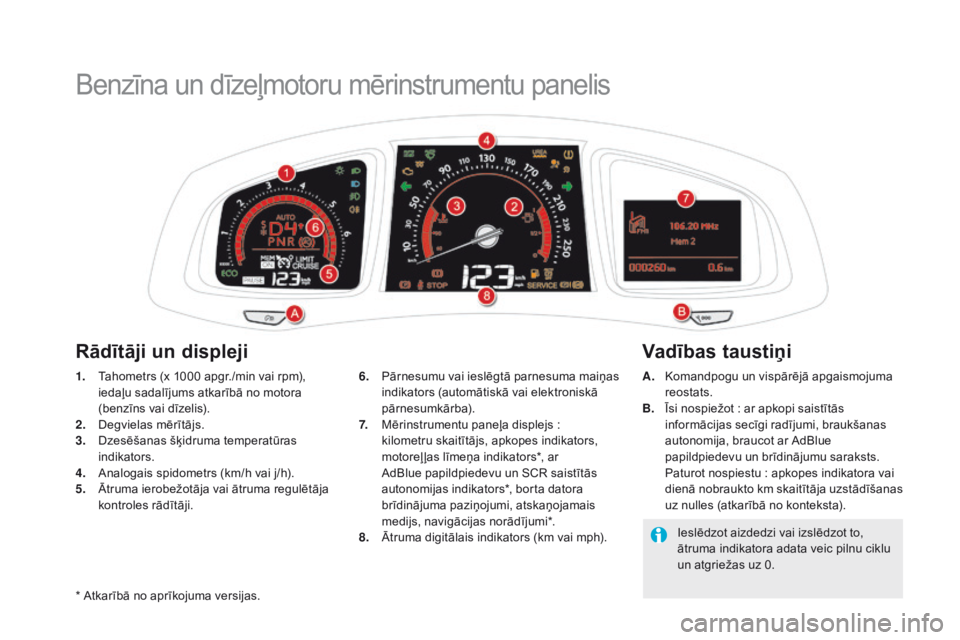 CITROEN DS5 HYBRID 2015  Lietošanas Instrukcija (in Latvian) DS5_lv_Chap01_controle-de-marche_ed01-2015
Benzīna un dīzeļmotoru mērinstrumentu panelis
1. Tahometrs (x 1000 apgr./min vai rpm), iedaļu sadalījums atkarībā no motora 
(benzīns vai dīzelis). CITROEN DS5 HYBRID 2015  Lietošanas Instrukcija (in Latvian) DS5_lv_Chap01_controle-de-marche_ed01-2015
Benzīna un dīzeļmotoru mērinstrumentu panelis
1. Tahometrs (x 1000 apgr./min vai rpm), iedaļu sadalījums atkarībā no motora 
(benzīns vai dīzelis).