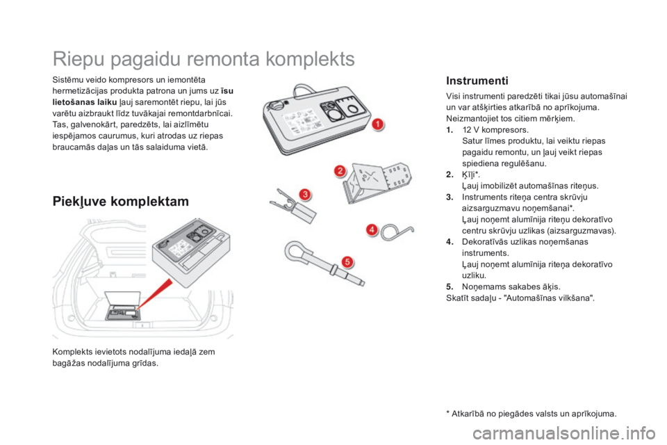 CITROEN DS5 HYBRID 2015  Lietošanas Instrukcija (in Latvian) DS5_lv_Chap08_info-pratiques_ed01-2015
Komplekts ievietots nodalījuma iedaļā zem 
bagāžas nodalījuma grīdas. Sistēmu veido kompresors un iemontēta 
hermetizācijas produkta patrona un jums uz