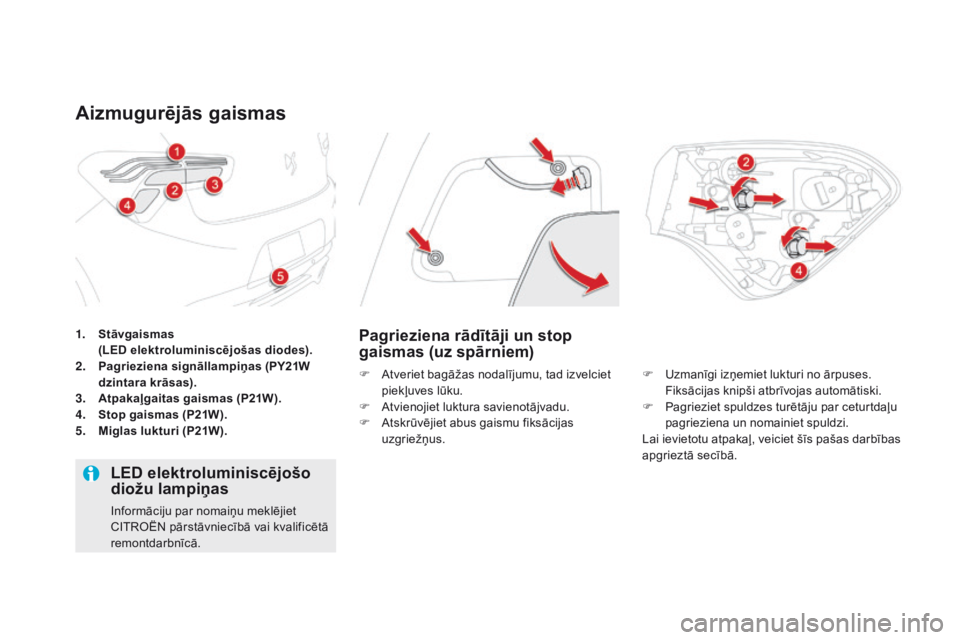 CITROEN DS5 HYBRID 2015  Lietošanas Instrukcija (in Latvian) DS5_lv_Chap08_info-pratiques_ed01-2015
1. Stāvgaismas  (
LED elektroluminiscējošas diodes).
2.
 P
agrieziena signāllampiņas (PY21W 
dzintara krāsas).
3.
 A
tpakaļgaitas gaismas (P21W).
4.
 S
 CITROEN DS5 HYBRID 2015  Lietošanas Instrukcija (in Latvian) DS5_lv_Chap08_info-pratiques_ed01-2015
1. Stāvgaismas  (
LED elektroluminiscējošas diodes).
2.
 P
agrieziena signāllampiņas (PY21W 
dzintara krāsas).
3.
 A
tpakaļgaitas gaismas (P21W).
4.
 S
