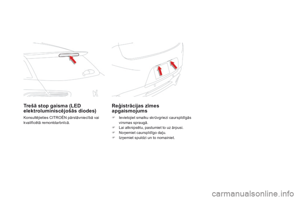 CITROEN DS5 HYBRID 2015  Lietošanas Instrukcija (in Latvian) DS5_lv_Chap08_info-pratiques_ed01-2015
Reģistrācijas zīmes 
apgaismojums
F Ievietojiet smalku skrūvgriezi caurspīdīgās virsmas spraugā.
F
 
L
 ai atknipsētu, pastumiet to uz ārpusi.
F
 
N
 o CITROEN DS5 HYBRID 2015  Lietošanas Instrukcija (in Latvian) DS5_lv_Chap08_info-pratiques_ed01-2015
Reģistrācijas zīmes 
apgaismojums
F Ievietojiet smalku skrūvgriezi caurspīdīgās virsmas spraugā.
F
 
L
 ai atknipsētu, pastumiet to uz ārpusi.
F
 
N
 o