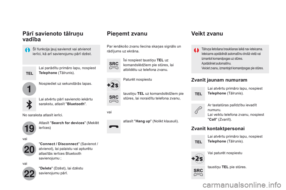CITROEN DS5 HYBRID 2015  Lietošanas Instrukcija (in Latvian) 1
19
20
22
DS5_lv_Chap11c_SMEGplus_ed01-2015
Pārī savienoto tālruņu 
vadība
Šī funkcija ļauj savienot vai atvienot 
ierīci, kā arī savienojumu pārī dzēst.Tālruņa lietošana braukšanas CITROEN DS5 HYBRID 2015  Lietošanas Instrukcija (in Latvian) 1
19
20
22
DS5_lv_Chap11c_SMEGplus_ed01-2015
Pārī savienoto tālruņu 
vadība
Šī funkcija ļauj savienot vai atvienot 
ierīci, kā arī savienojumu pārī dzēst.Tālruņa lietošana braukšanas