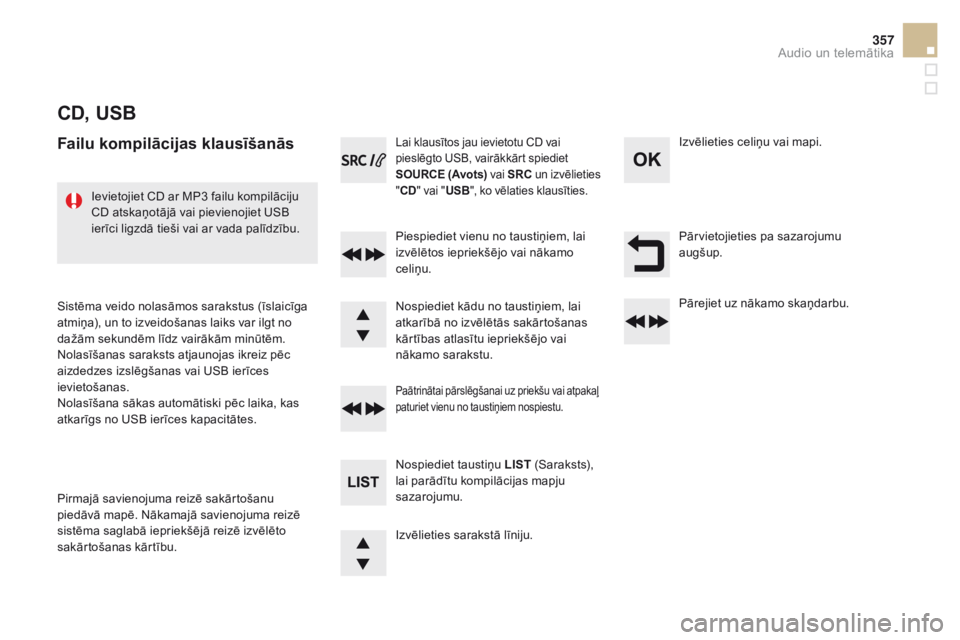 CITROEN DS5 HYBRID 2015  Lietošanas Instrukcija (in Latvian) 357
DS5_lv_Chap11d_RD5_ed01-2015
CD, uSB
Failu kompilācijas klausīšanās
Piespiediet vienu no taustiņiem, lai 
izvēlētos iepriekšējo vai nākamo 
celiņu.
Nospiediet taustiņu L
iS
t
 (
 Sara CITROEN DS5 HYBRID 2015  Lietošanas Instrukcija (in Latvian) 357
DS5_lv_Chap11d_RD5_ed01-2015
CD, uSB
Failu kompilācijas klausīšanās
Piespiediet vienu no taustiņiem, lai 
izvēlētos iepriekšējo vai nākamo 
celiņu.
Nospiediet taustiņu L
iS
t
 (
 Sara