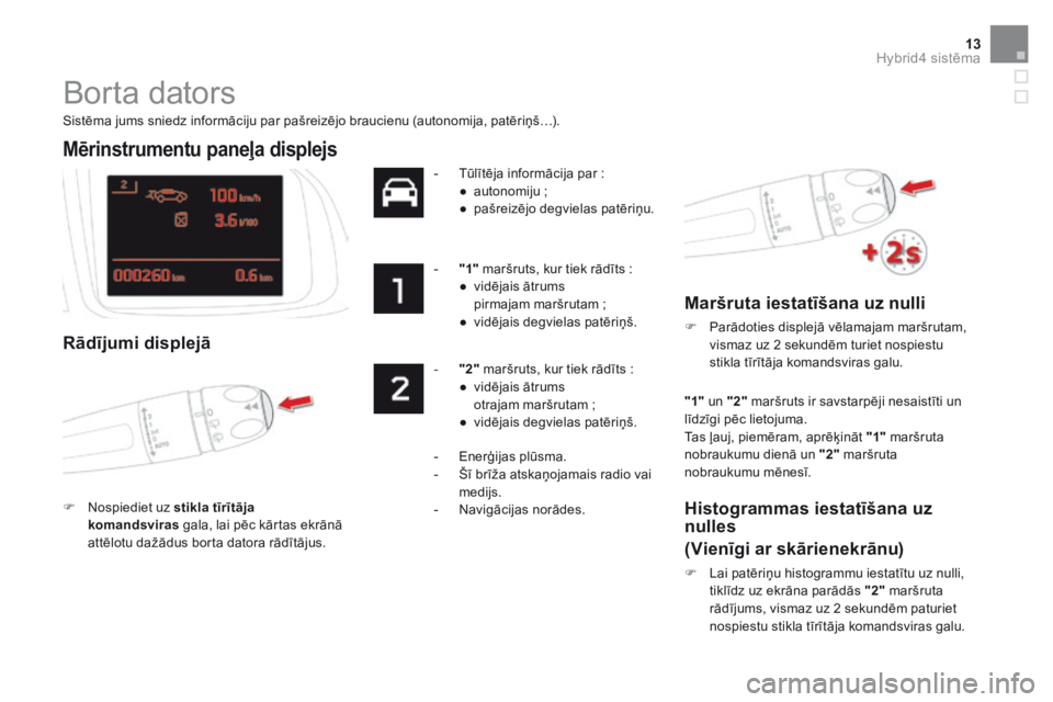 CITROEN DS5 HYBRID 2015  Lietošanas Instrukcija (in Latvian) 13Hybrid4 sistēma
DS5Hy4_lv_Chap00c_hybride_ed01-2015
 Borta dators 
  Sistēma jums sniedz informāciju par pašreizējo braucienu (autonomija, patēriņš…).  
Mērinstrumentu paneļa displejs   