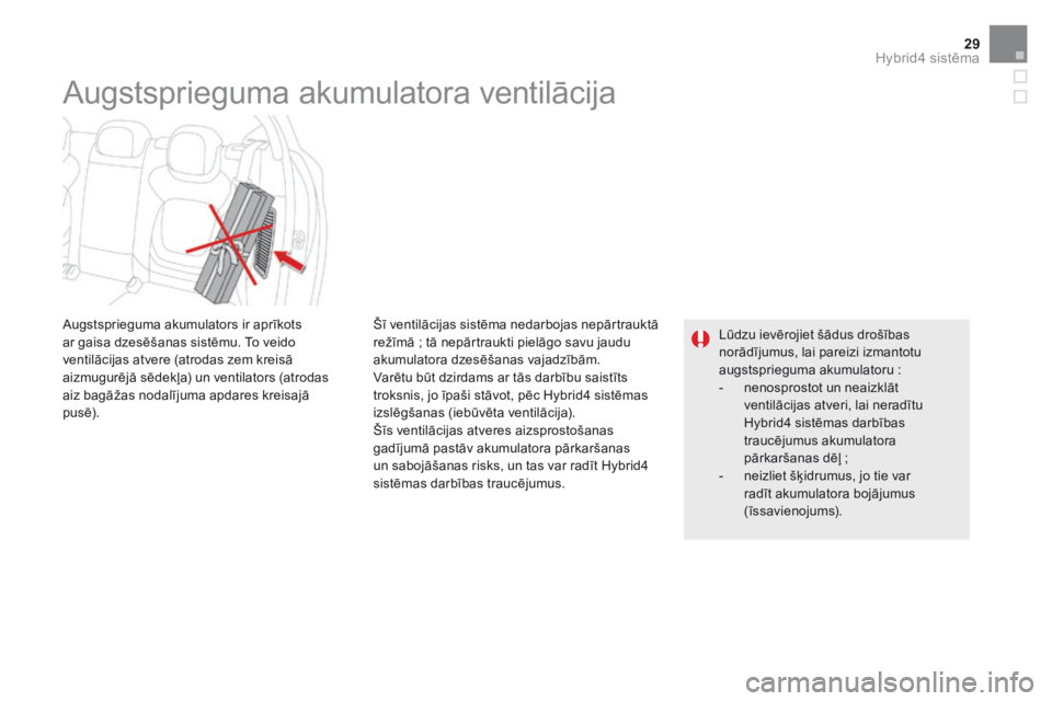 CITROEN DS5 HYBRID 2015  Lietošanas Instrukcija (in Latvian) 29Hybrid4 sistēma
DS5Hy4_lv_Chap00c_hybride_ed01-2015
  Šī ventilācijas sistēma nedarbojas nepārtrauktā režīmā ; tā nepārtraukti pielāgo savu jaudu akumulatora dzesēšanas vajadzībām. 