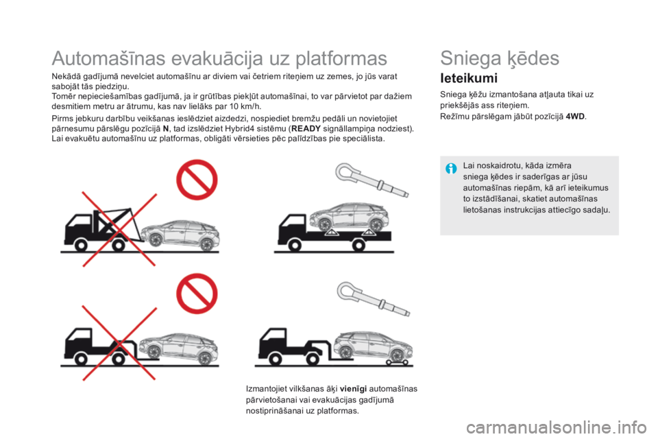 CITROEN DS5 HYBRID 2015  Lietošanas Instrukcija (in Latvian) DS5Hy4_lv_Chap08_info-pratiques_ed01-2015
         Automašīnas evakuācija uz platformas  
  Nekādā gadījumā nevelciet automašīnu ar diviem vai četriem riteņiem uz zemes, jo jūs varat saboj