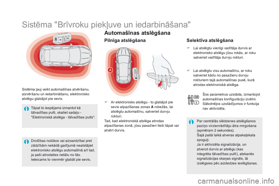 CITROEN DS5 HYBRID 2015 Lietošanas Instrukcija (in Latvian) DS5_lv_Chap02_ouvertures_ed01-2015
Automašīnas atslēgšana
Sistēma "Brīvroku piekļuve un iedarbināšana"
Sistēma ļauj veikt automašīnas atvēršanu,
aizvēršanu un iedarbināšanu CITROEN DS5 HYBRID 2015 Lietošanas Instrukcija (in Latvian) DS5_lv_Chap02_ouvertures_ed01-2015
Automašīnas atslēgšana
Sistēma "Brīvroku piekļuve un iedarbināšana"
Sistēma ļauj veikt automašīnas atvēršanu,
aizvēršanu un iedarbināšanu