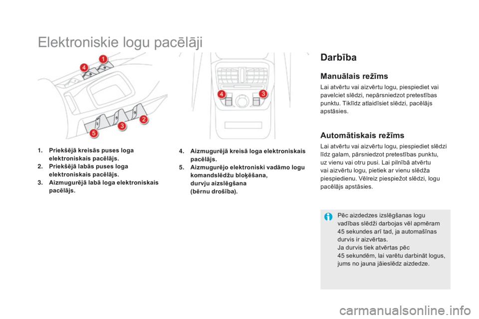 CITROEN DS5 HYBRID 2015  Lietošanas Instrukcija (in Latvian) DS5_lv_Chap02_ouvertures_ed01-2015
Elektroniskie logu pacēlāji
1. Priekšējā kreisās puses loga elektroniskais pacēlājs.
2.
 P

riekšējā labās puses loga 
elektroniskais pacēlājs.
3.
 A

