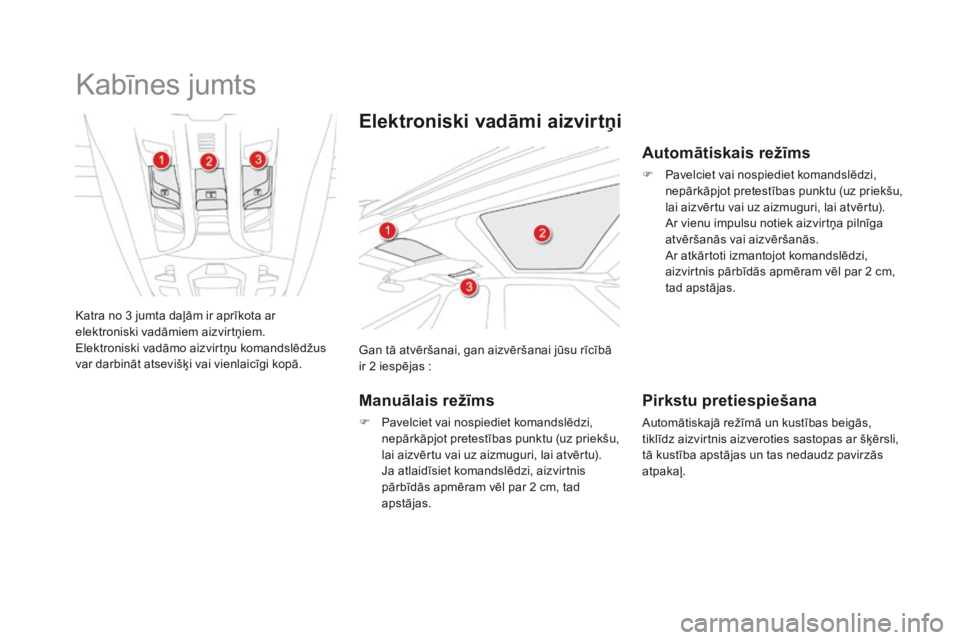CITROEN DS5 HYBRID 2015  Lietošanas Instrukcija (in Latvian) DS5_lv_Chap02_ouvertures_ed01-2015
Kabīnes jumts
Katra no 3 jumta daļām ir aprīkota ar 
elektroniski vadāmiem aizvirtņiem.
Elektroniski vadāmo aizvirtņu komandslēdžus 
var darbināt atseviš