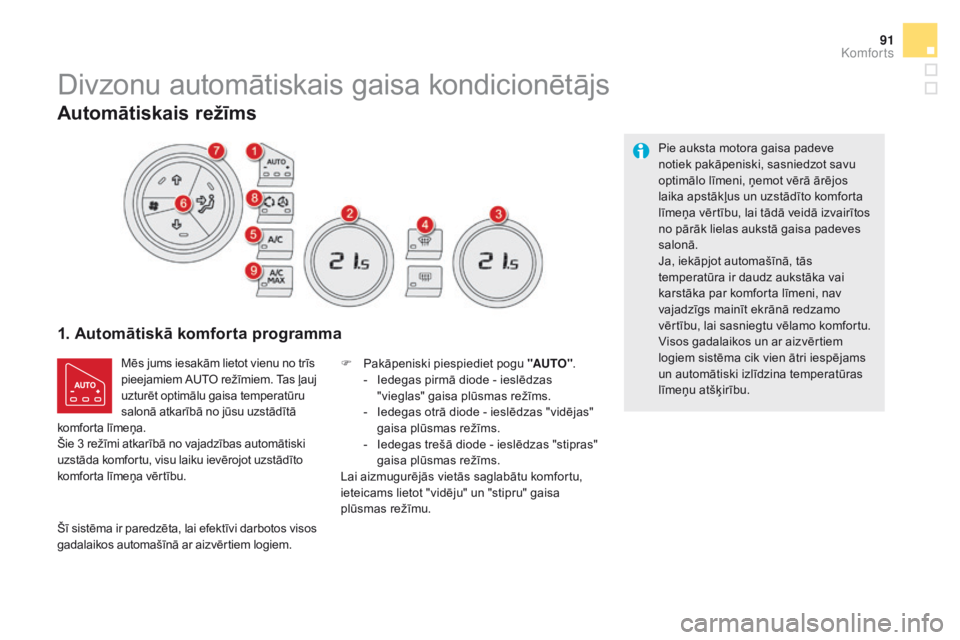 CITROEN DS5 HYBRID 2015  Lietošanas Instrukcija (in Latvian) 91
DS5_lv_Chap03_confort_ed01-2015
Divzonu automātiskais gaisa kondicionētājs
1. Automātiskā komforta programma
Mēs jums iesakām lietot vienu no trīs 
pieejamiem AUTO režīmiem. Tas ļauj 
uz