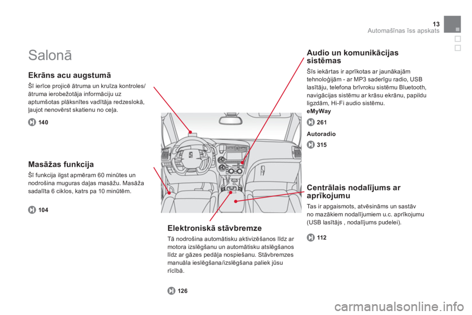 CITROEN DS5 HYBRID 2013  Lietošanas Instrukcija (in Latvian) 13Automašīnas īss apskats
 
Salonā 
 
 
 
Ekrāns acu augstumā
 
Šī ierīce projicē ātruma un kruīza kontroles/
ātruma ierobežotāja informāciju uz 
aptumšotas plāksnītes vadītāja re