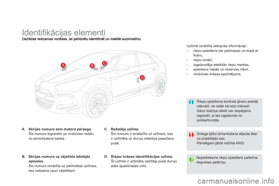 CITROEN DS5 HYBRID 2013  Lietošanas Instrukcija (in Latvian)    
 
 
 
 
 
 
 
 
 
 
 
 
 
 
 
 
 
 
 
 
 
 
Identiﬁ kācijas elementi 
A.Sērijas numurs zem motora pārsega.Šis numurs iegravēts uz virsbūves netāluno amortizatora balsta.
 
 Riepu spiedien