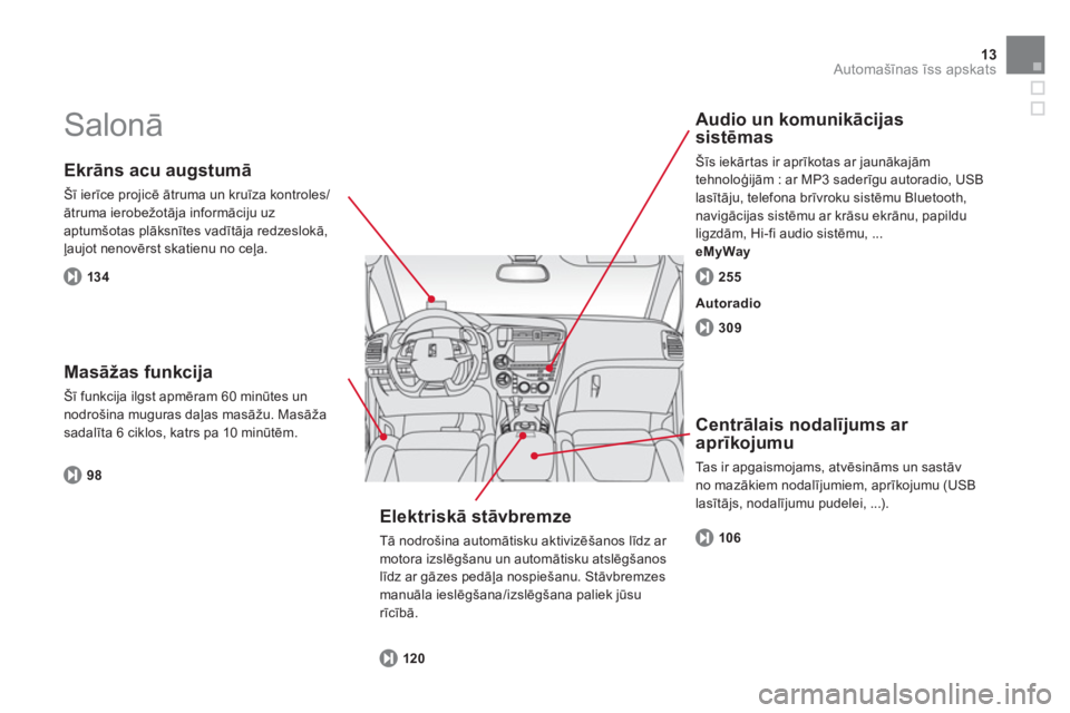 CITROEN DS5 HYBRID 2012  Lietošanas Instrukcija (in Latvian) 13Automašīnas īss apskats
 
Salonā 
 
 
 
Ekrāns acu augstumā
 
Šī ierīce projicē ātruma un kruīza kontroles/
ātruma ierobežotāja informāciju uz 
aptumšotas plāksnītes vadītāja re