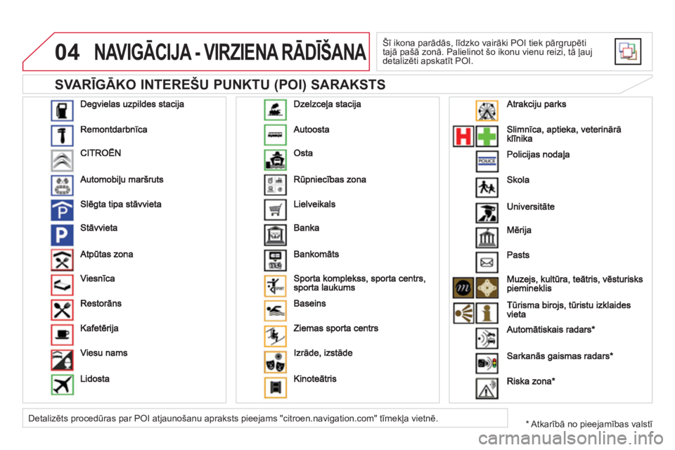 CITROEN DS5 HYBRID 2012  Lietošanas Instrukcija (in Latvian) 04
   
SVARĪGĀKO INTEREŠU PUNKTU (POI) SARAKSTS 
NAVIGĀCIJA - VIRZIENA RĀDĪŠANA 
 
Šī ikona parādās, līdzko vairāki POI tiek pārgrupēti 
tajā pašā zonā. Palielinot šo ikonu vienu r