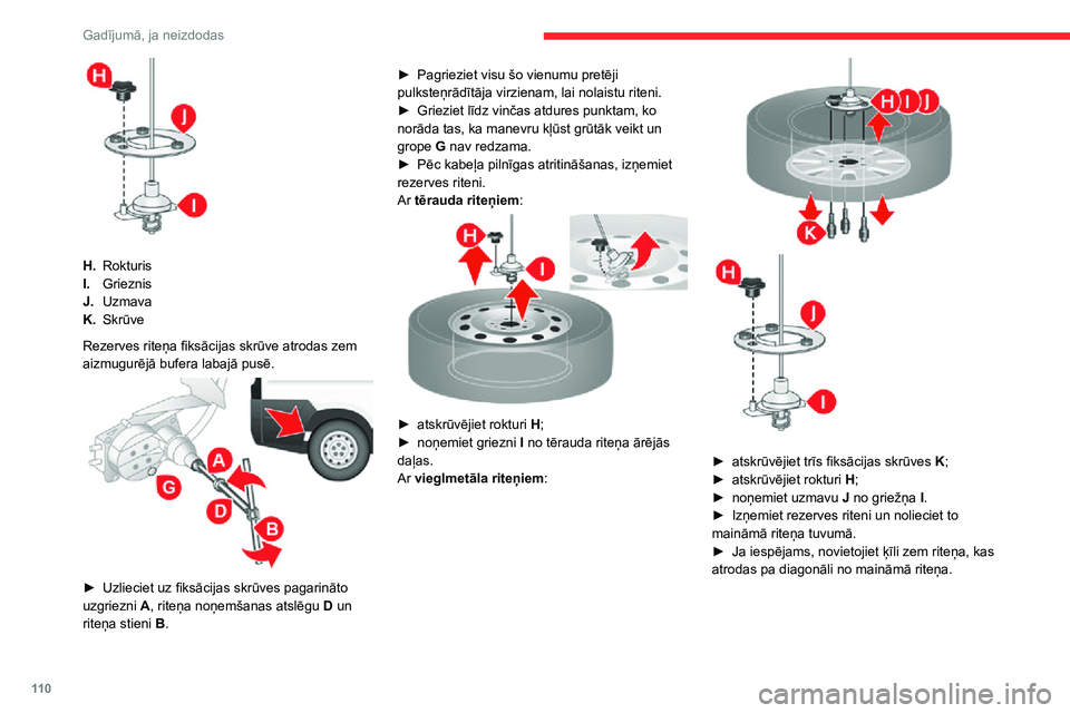CITROEN JUMPER 2020  Lietošanas Instrukcija (in Latvian) 11 0
Gadījumā, ja neizdodas
3. Uzstādiet domkratu
Uzraugiet, lai domkrats tiktu stabili uzstādīts.Ja uzstādīšanas virsma ir slidena vai kustīga, pastāv risks, ka domkrats var apgāzties. Tā