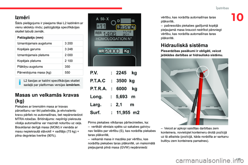 CITROEN JUMPER 2020  Lietošanas Instrukcija (in Latvian) 151
Īpatnības
10Izmēri
Šāds pielāgojums ir pieejams tikai L2 kabīnēm ar vienu sēdekļu rindu; pašizgāzēja specifikācijas skatiet tabulā zemāk.
Pašizgāzējs (mm)
Izmantojamais augstums